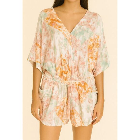 Anthropologie Fate Tie-Dye Kimono Sleeve Wrap Romper SZ M Pastel Multicolor - Picture 1 of 10
